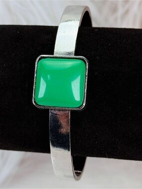 Silvertone Green Accent Cuff Bracelet